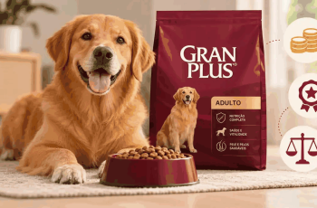 Cachorro Golden Retriever ao lado de ração GranPlus, ilustrando análise de preço, qualidade e custo-benefício.
