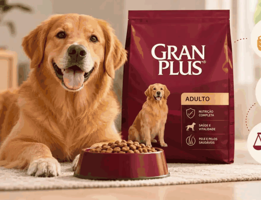 Cachorro Golden Retriever ao lado de ração GranPlus, ilustrando análise de preço, qualidade e custo-benefício.